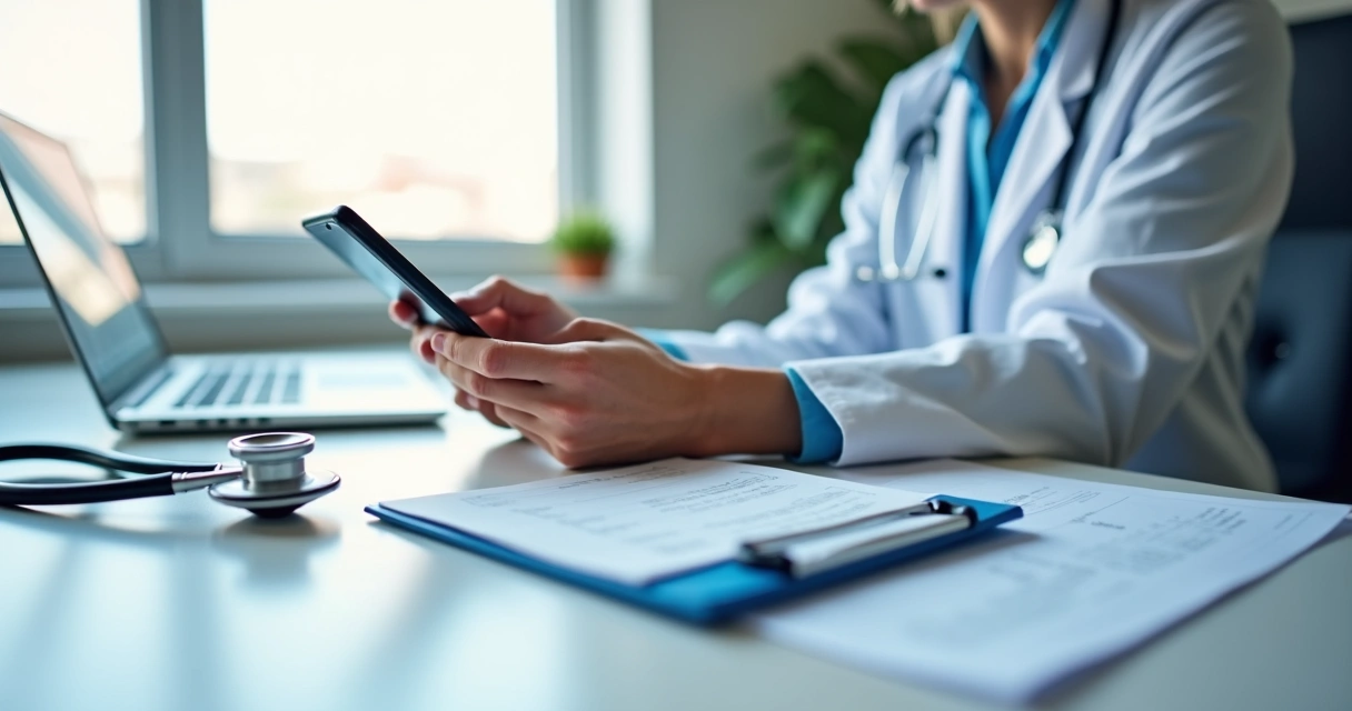 Médico usando celular para emitir recibo em consultório 