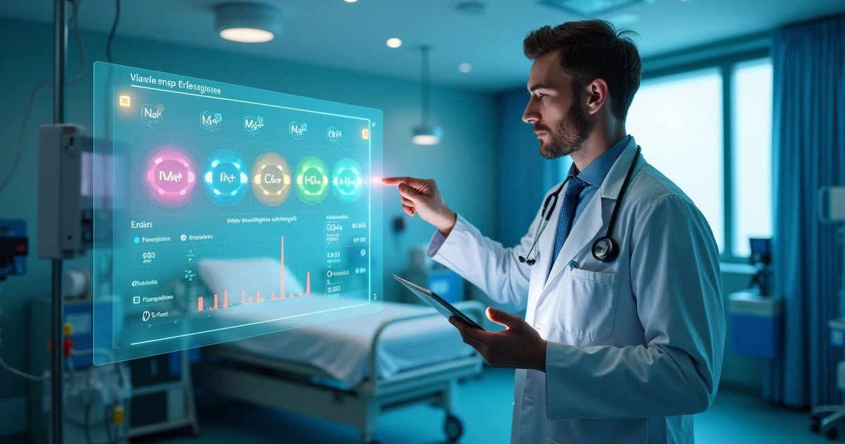 Médico ajustando níveis hidroeletrolíticos em tela com gráficos coloridos 