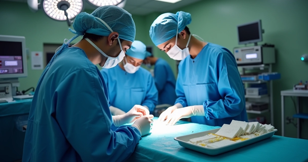 Cirurgia com equipe médica e destaque para procedimento de checagem de compressa cirúrgica