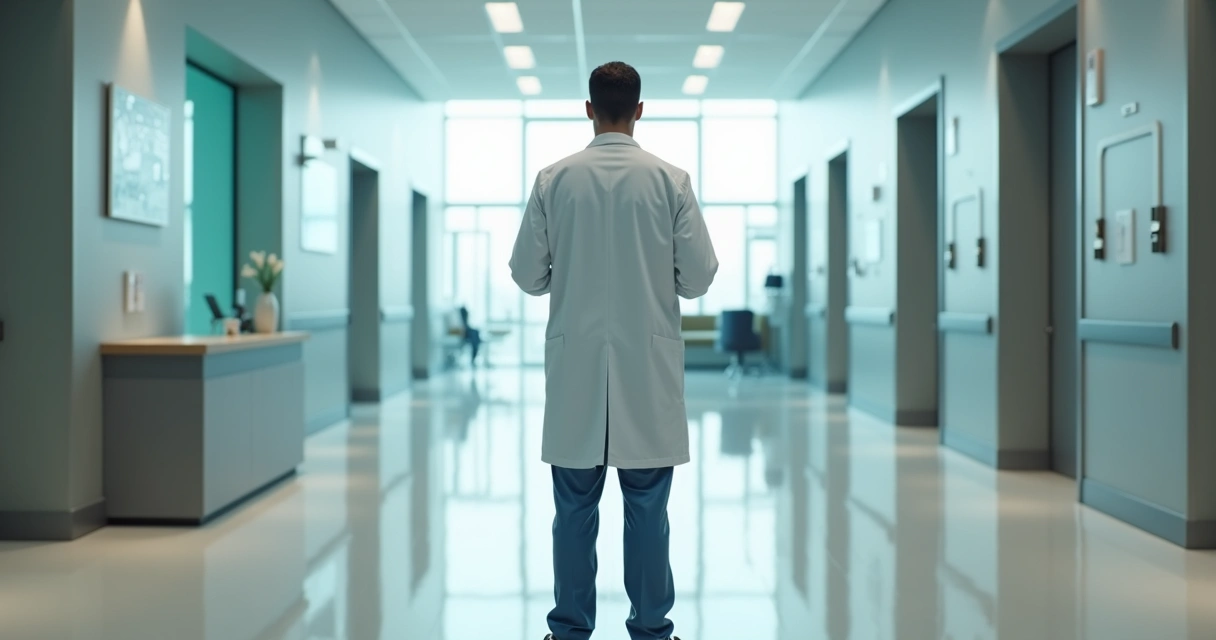 Médico analisando decisão entre clínica médica e hospital em ambiente abstrato 