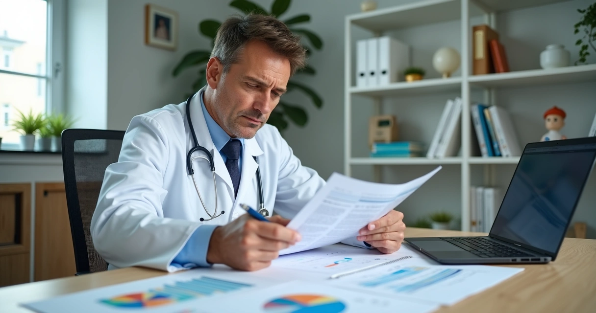 Médico analisando documentos financeiros para escolher anexo 