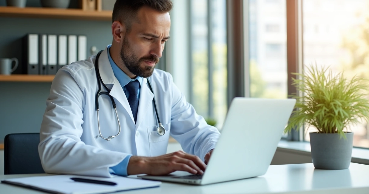 Médico digitando texto em computador com bloco de notas ao lado 