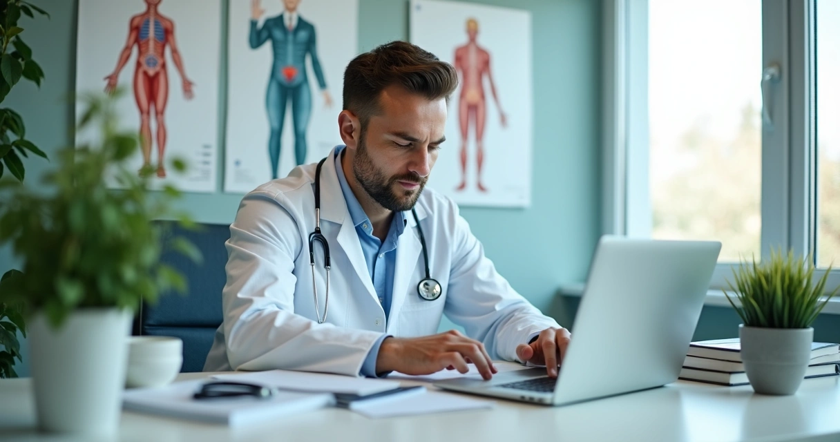 Médico sentado em consultório escrevendo conteúdo digital em laptop 