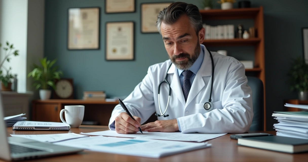 Médico escrevendo documentos contábeis na mesa 