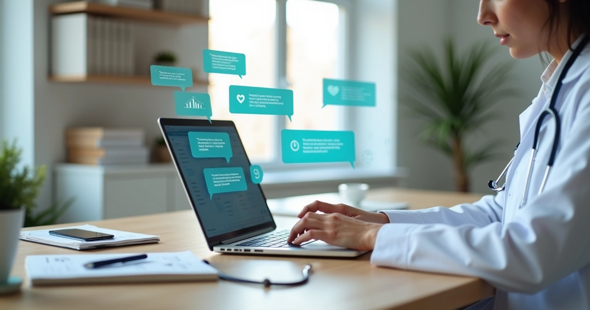 Médico digitando mensagem clara em laptop com ícones de comunicação ao fundo 