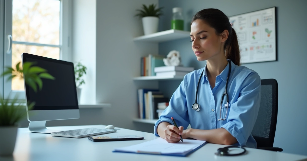 Profissional de saúde escrevendo prontuário em consultório
