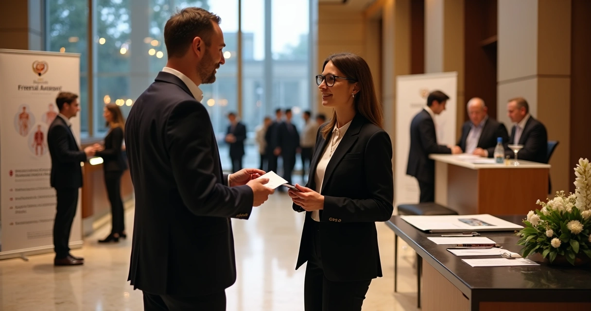 Médico especialista em evento de networking conversando com paciente em potencial 
