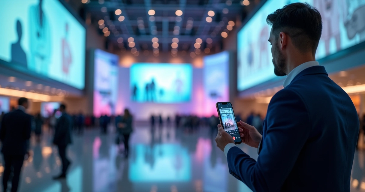 Profissional da saúde em congresso médico registrando o evento para o Instagram 