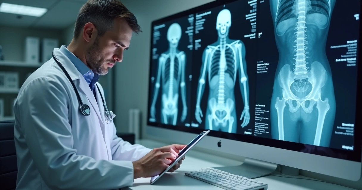 Médico analisando exame digital em tablet com IA auxiliando 