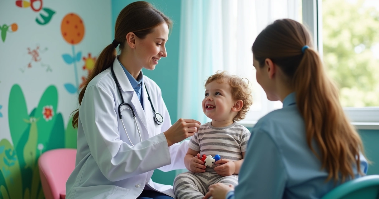 Médico realizando exame físico em criança em ambiente acolhedor e colorido