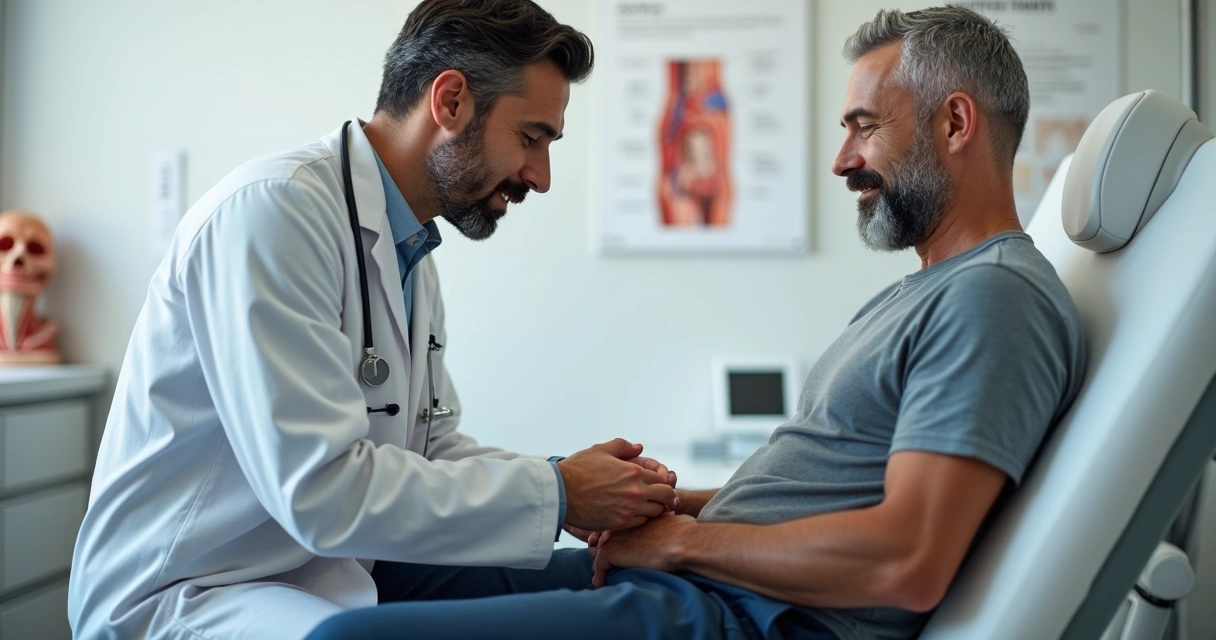 Médico realiza exame de toque retal em paciente masculino