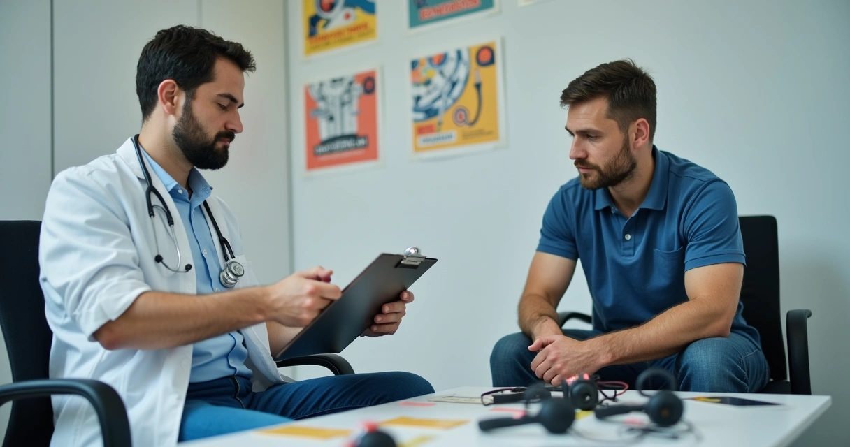 Profissional de eventos sendo examinado por médico do trabalho 