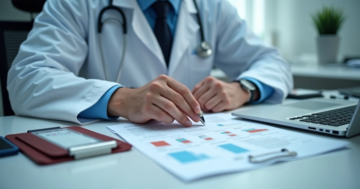 Médico analisando exames em mesa de consultório, equipamentos modernos ao redor 