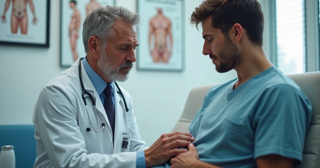 Médico examina paciente com expressão de preocupação e empatia