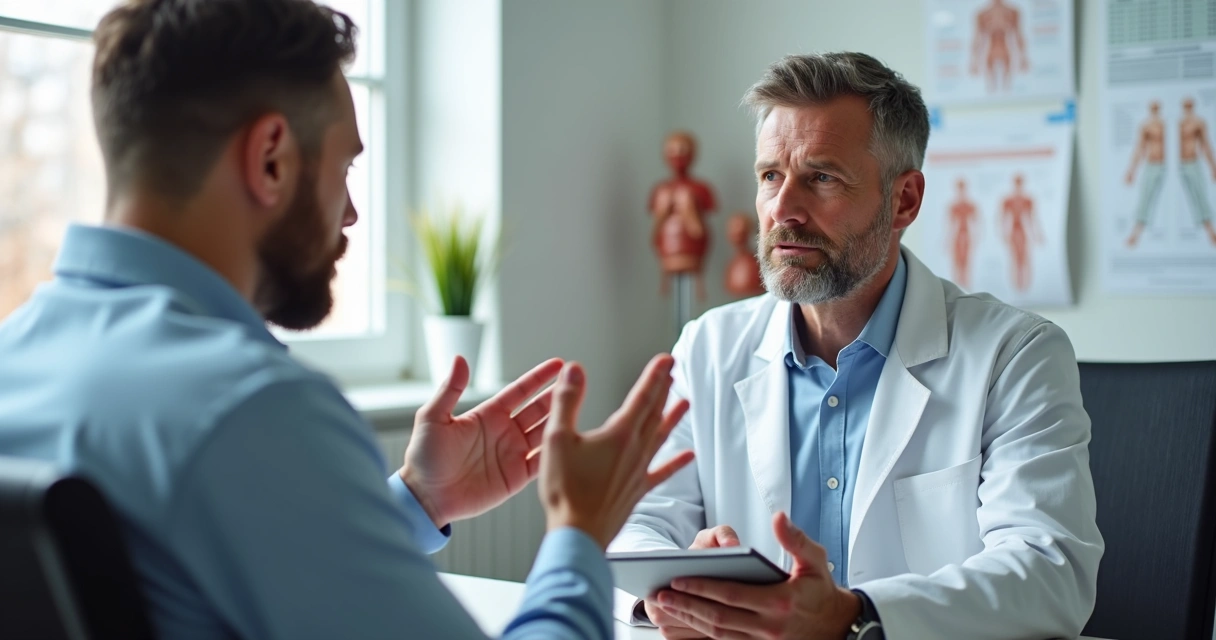 Médico examinando paciente sentado, ambos com expressões sérias durante conversa privada