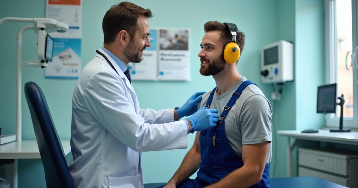 Médico examinando trabalhador de fábrica