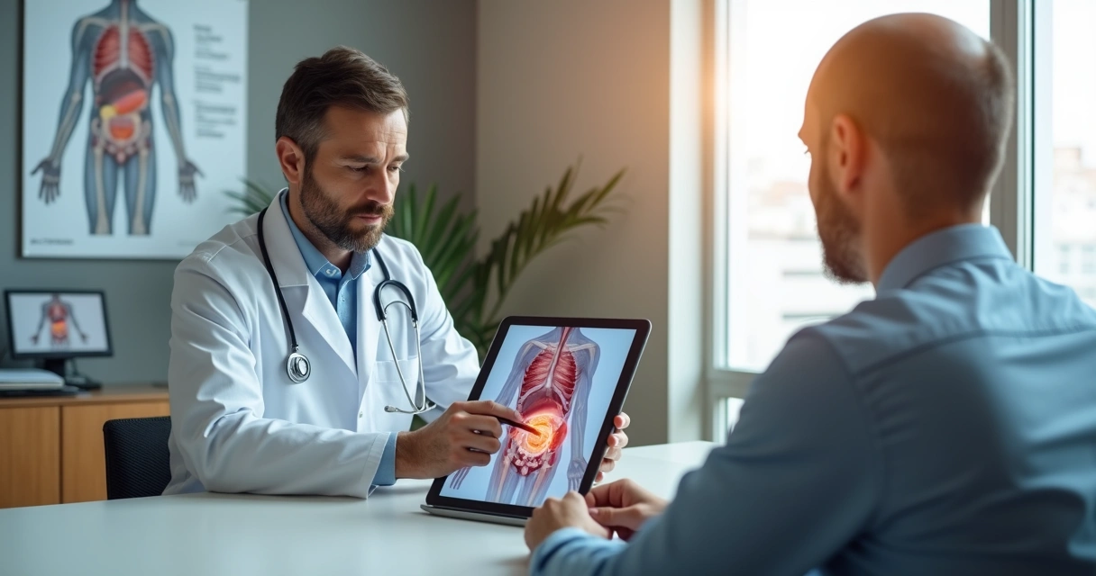 Médico mostrando ilustração de hérnia incisional em tablet para paciente em consultório moderno 