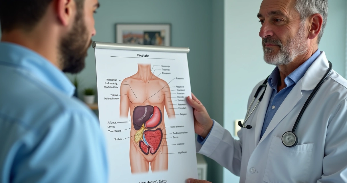 Médico mostrando ilustração de próstata para paciente homem 