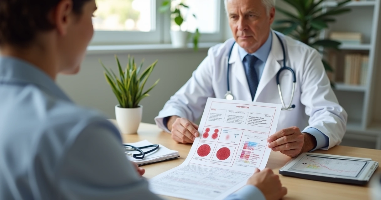 Médico mostrando desenho de hemácias em exame para paciente curioso 