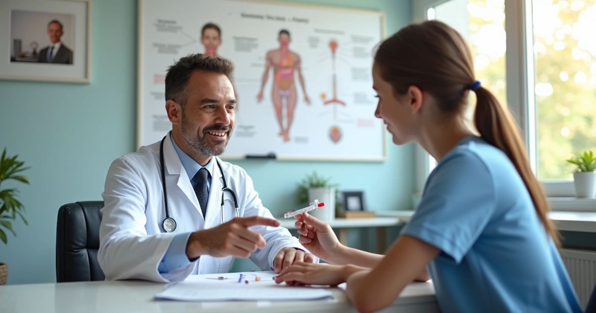 Médico explicando aplicação de tirzepatida para paciente jovem 