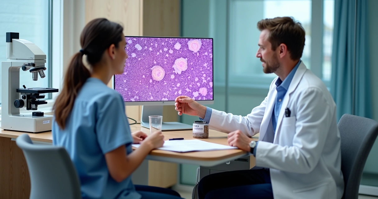 Oncologista mostrando imagem de célula em lâmina de biópsia a paciente em consultório moderno 