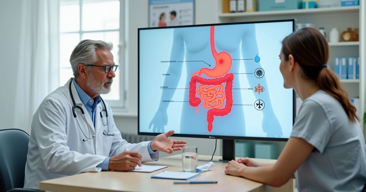 Médico explicando causas da diarreia a paciente usando ilustração do intestino 