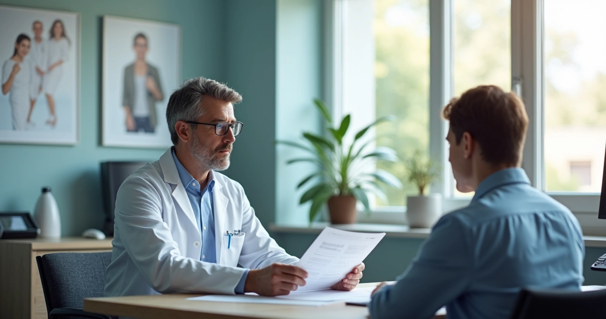 Médico sentado em consultório explicando direitos ao paciente em cadeira à sua frente 