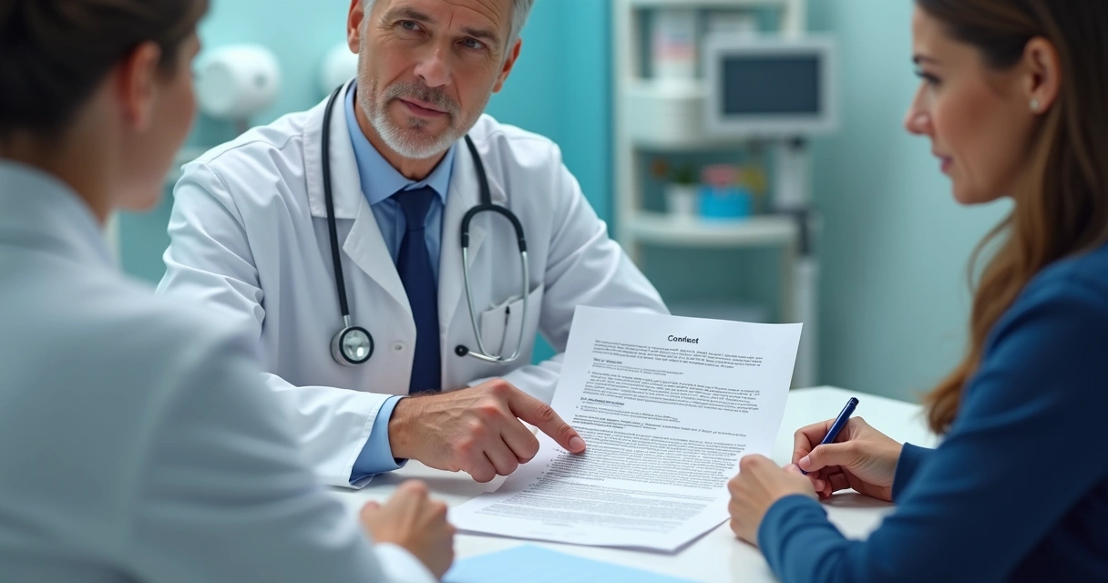 Profissional da saúde explicando documento para paciente 
