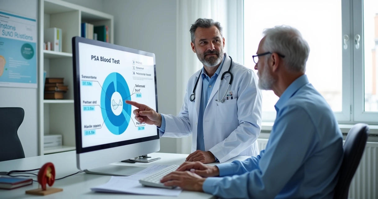 Urologista mostrando resultado de exame PSA a paciente em consultório moderno 