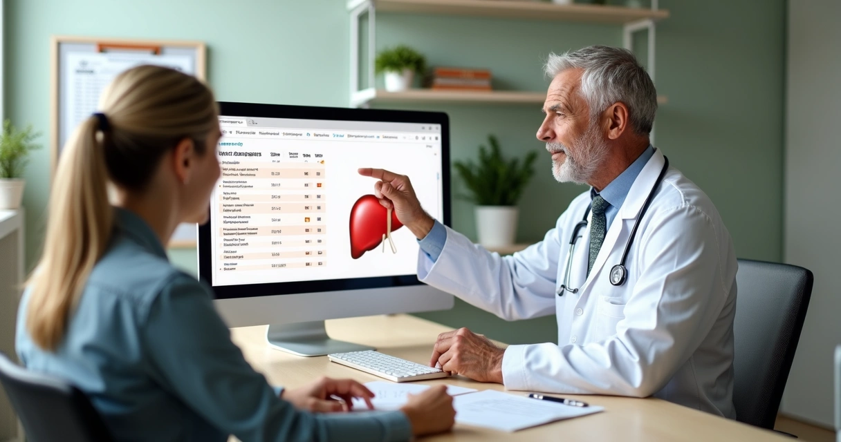 Médico mostrando exame de fígado com AST e ALT alterados para paciente 