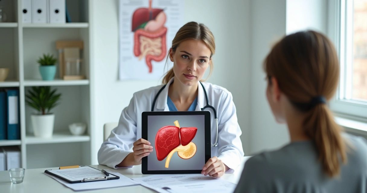Médica mostrando em tablet a ilustração de fígado com gordura a paciente 