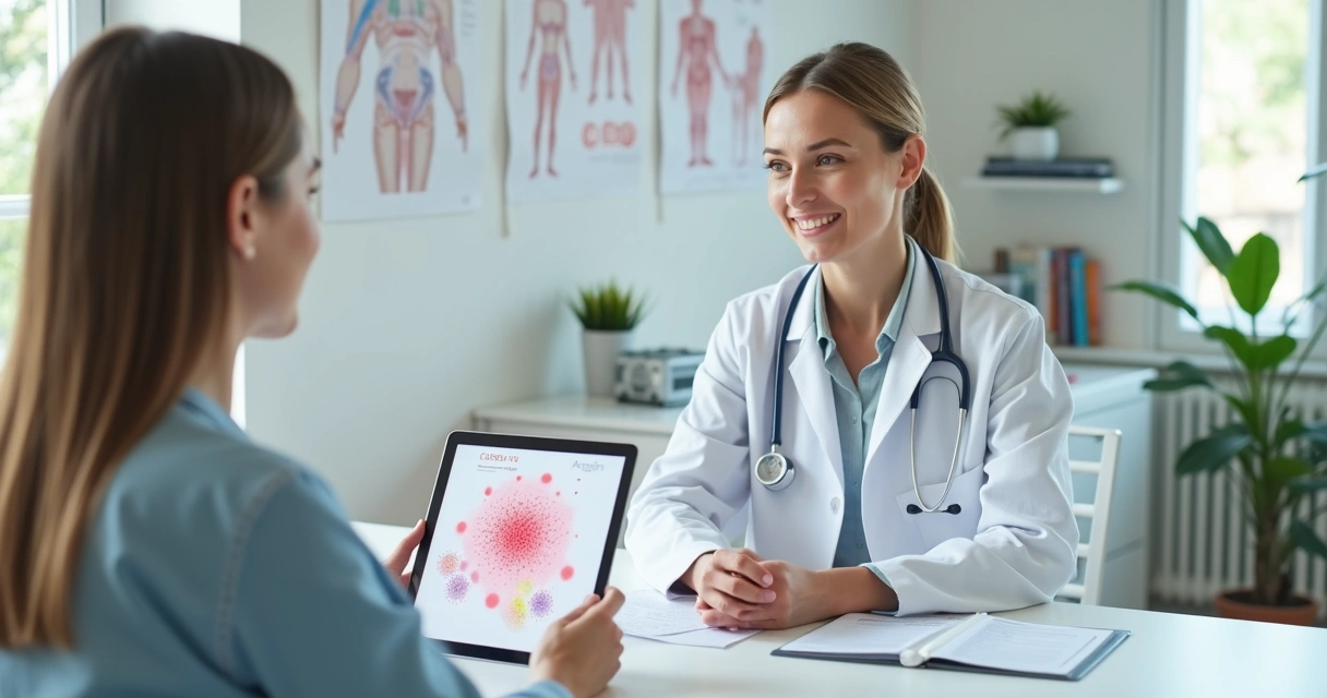 Médica explicando diagnóstico de HPV positivo para paciente em consultório 