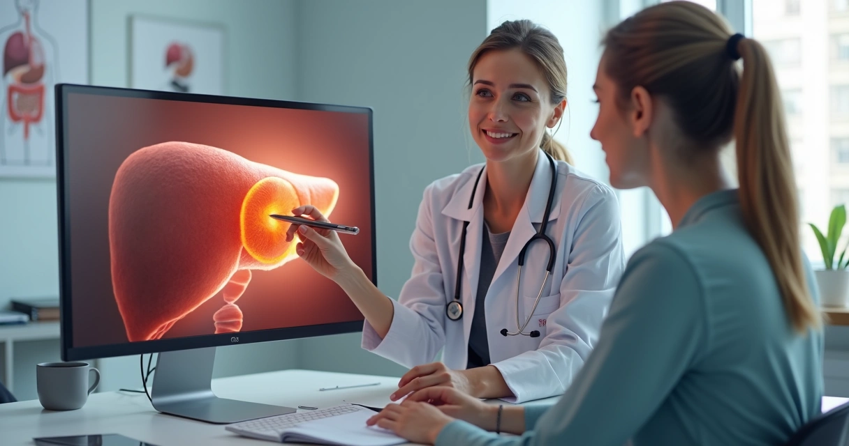 Médica mostra ilustração de fígado com nódulos a paciente em consultório moderno 