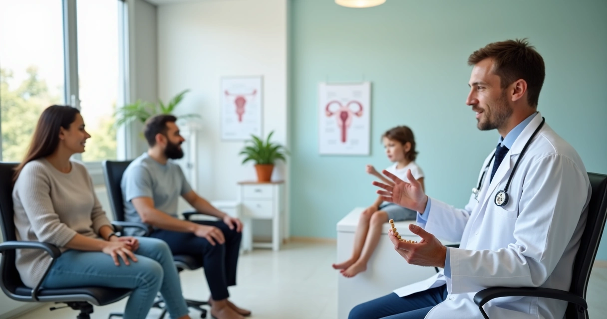 Pediatra explicando orquidometria para pais com criança em consultório 