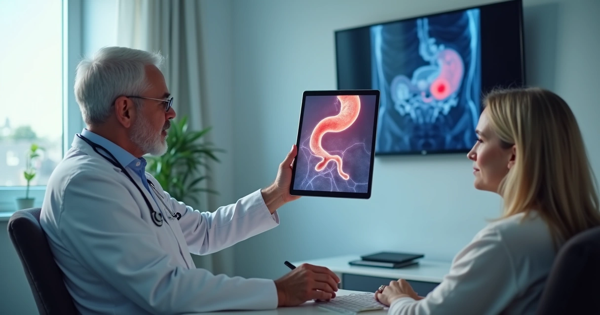 Oncologista mostrando ilustração do pâncreas a paciente em consultório 