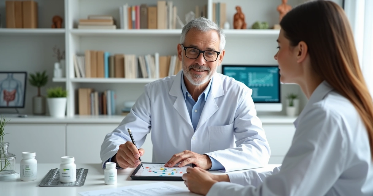 Médico explicando uso de probióticos para paciente em consulta 