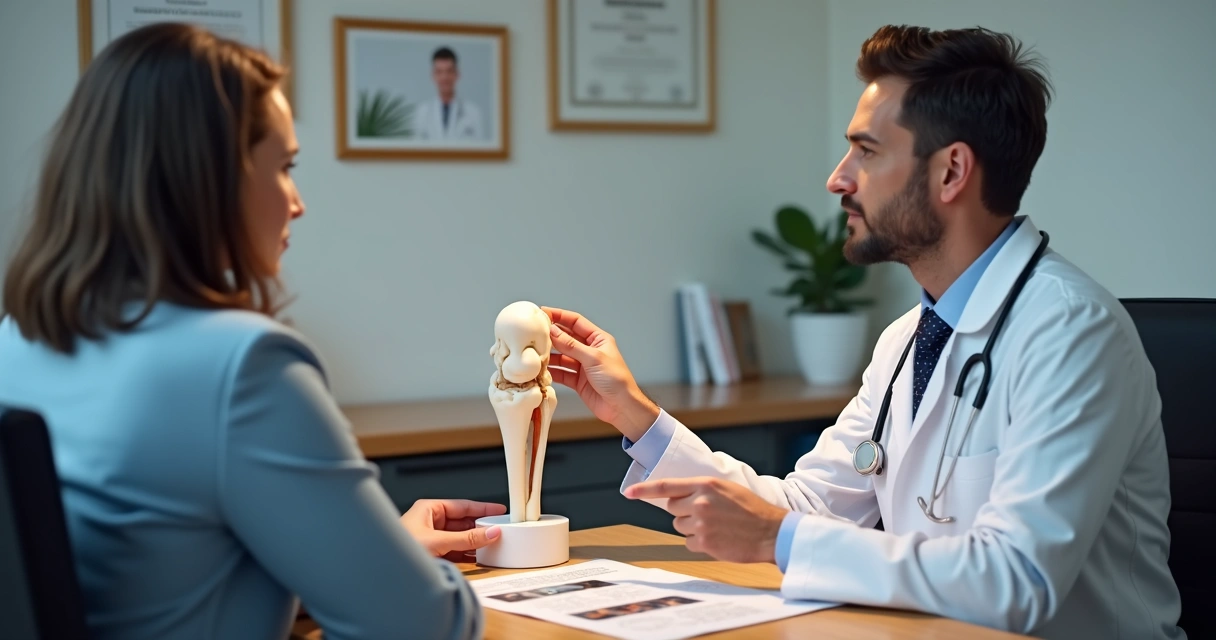 Médico explicando PRP a paciente sentada 