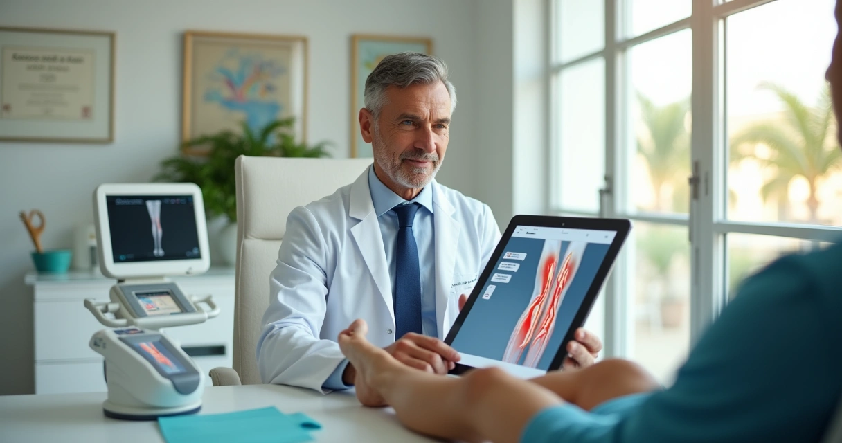 Médico vascular explicando com tablet o tratamento da safena com laser para paciente em consultório moderno 