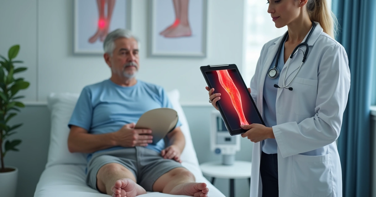 Médico vascular mostrando em tablet sinais de trombose em perna de paciente sentado 