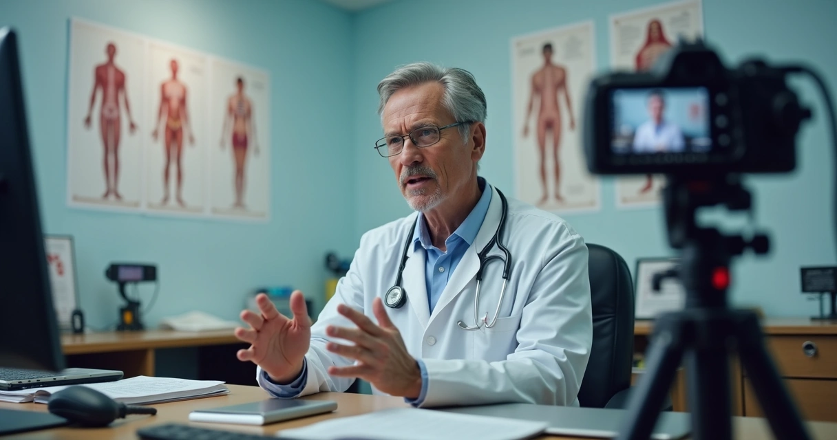 Médico sentado em consultório, explicando conceitos para a câmera enquanto grava um vídeo para o YouTube 