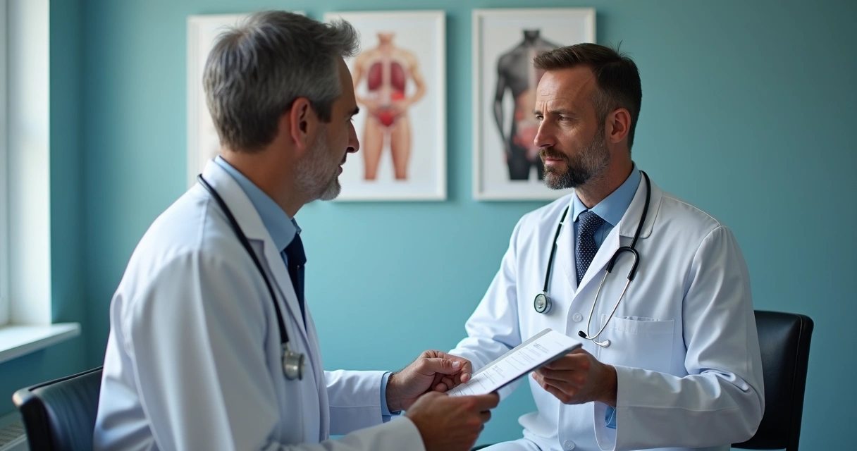 Médico realizando exame de rotina em homem de meia-idade 