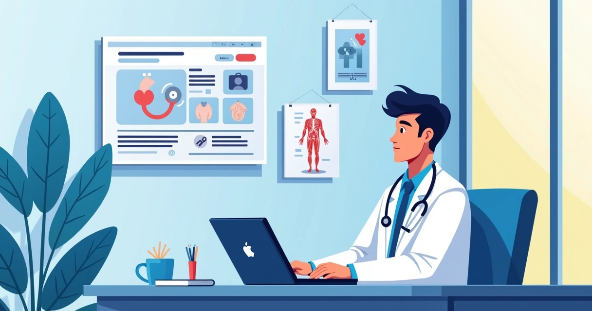Médico criando site de clínica em laptop 