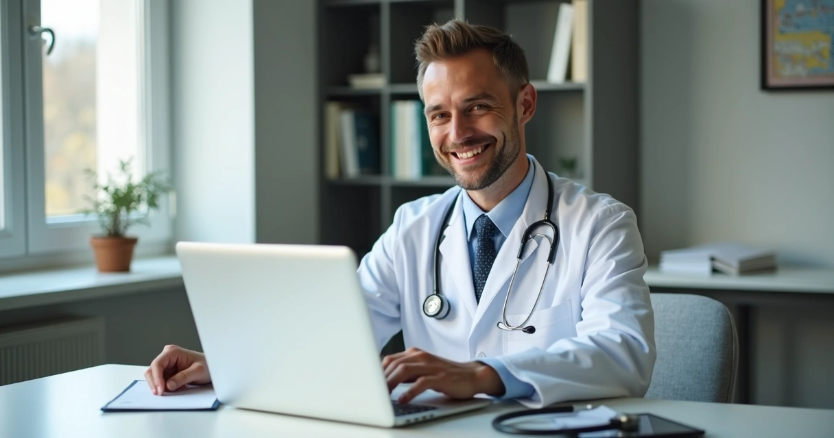Médico sorrindo satisfeito enquanto usa um notebook 
