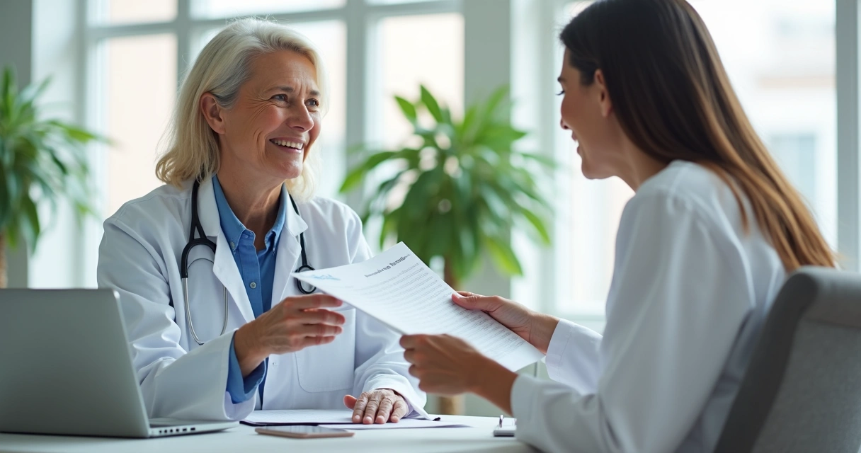 Médico e paciente satisfeitos após consulta tecnológica 