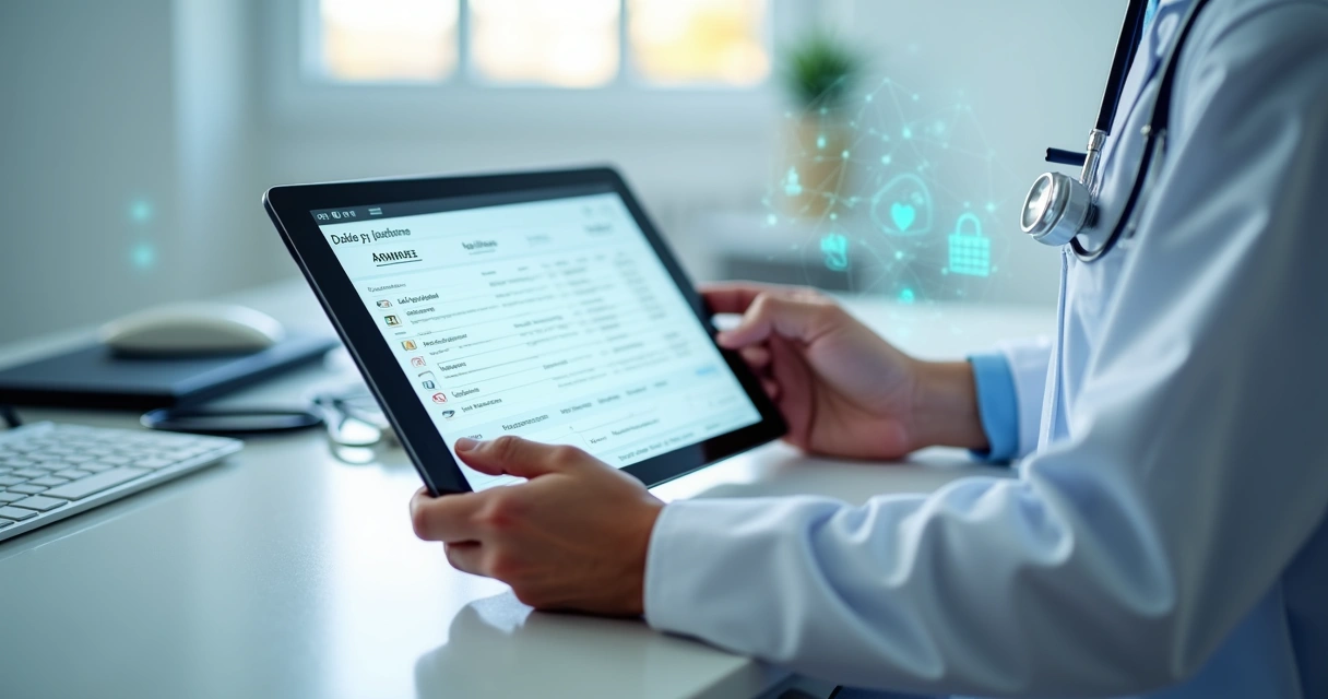 Médico segurando tablet exibindo ficha médica digital com ícones de segurança ao fundo 