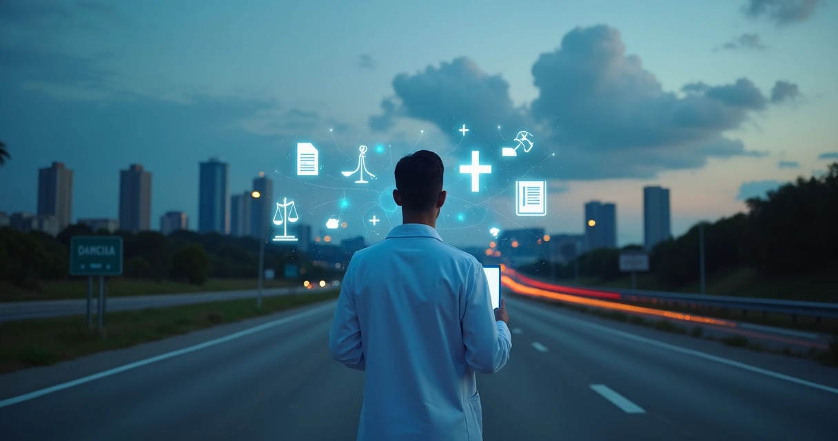 Médico em rodovia entre duas cidades com ícones digitais de leis e saúde 