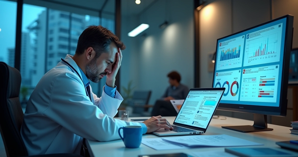 Médico frustrado em escritório desorganizado com relatórios de marketing confusos 