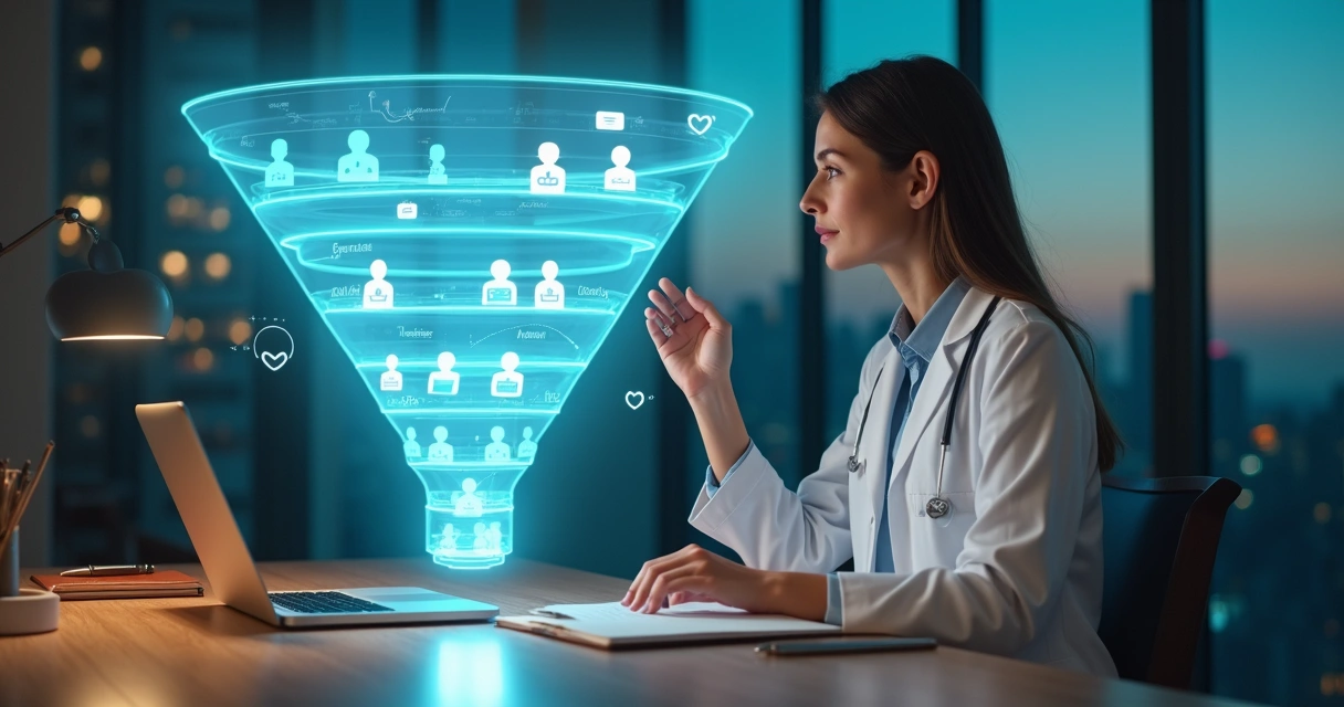 Médico observa conexão de pacientes fluindo em funil digital 