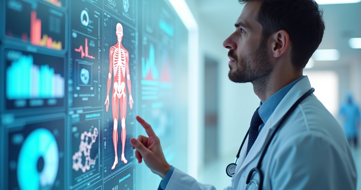 Médico observando tela digital com dados de anatomia humana e gráficos animados