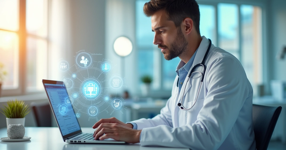 Médico mexicano usando laptop para analisar anúncios médicos 